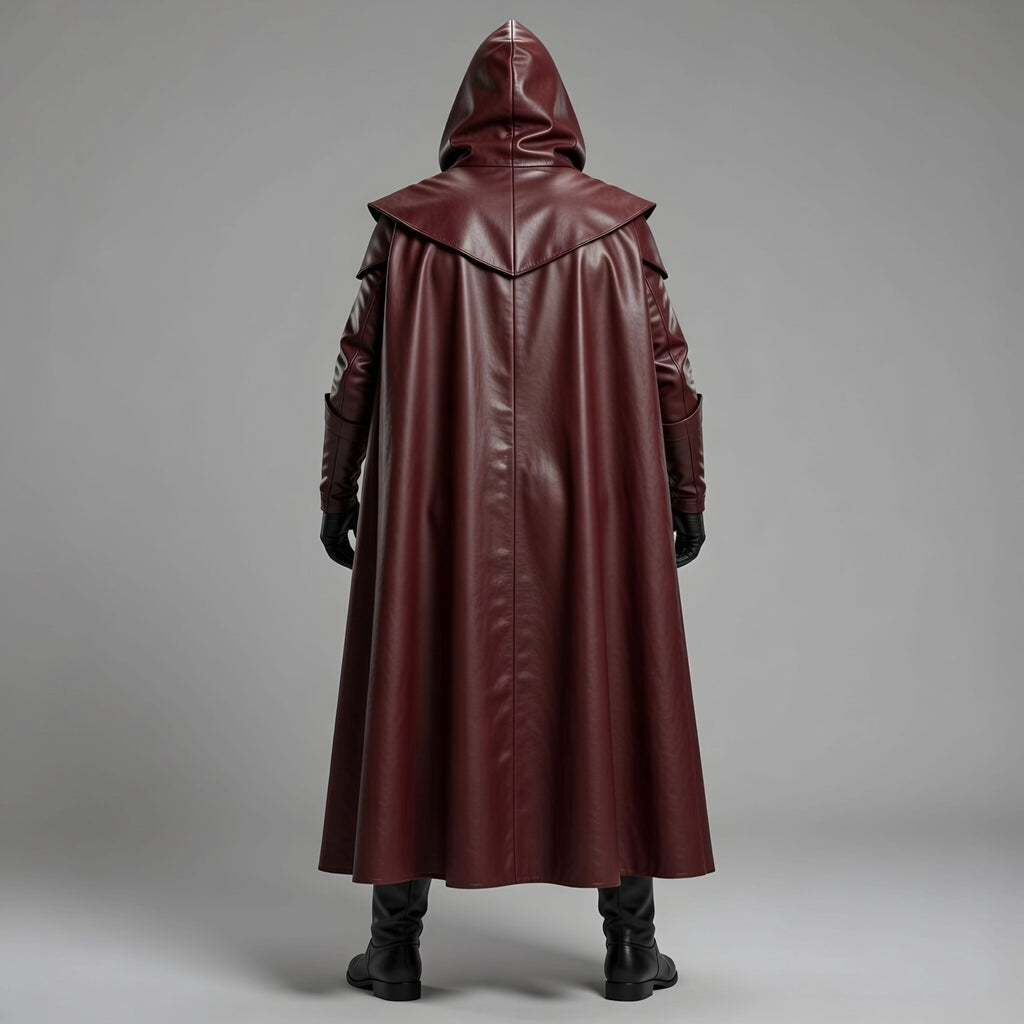 Men's Maroon Hooded Leather Cape Cosplay Superhero Costume for Adult Halloween Party Outfit Cloak