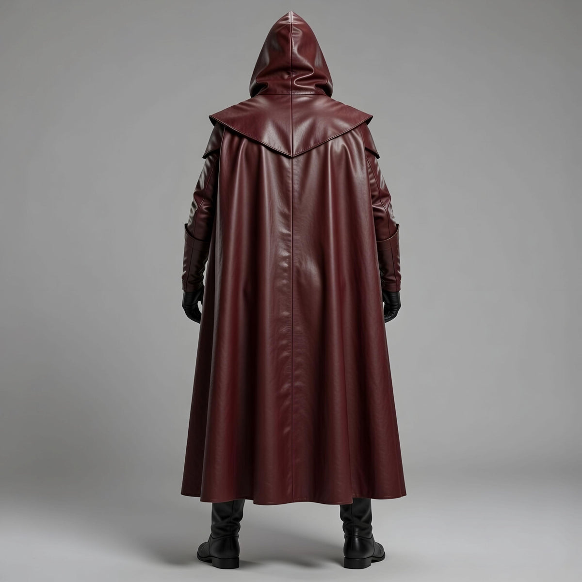 Men's Maroon Hooded Leather Cape Cosplay Superhero Costume for Adult Halloween Party Outfit Cloak