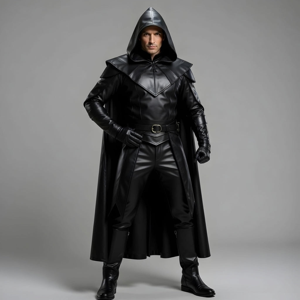 Men's Maroon Hooded Leather Cape Cosplay Superhero Costume for Adult Halloween Party Outfit Cloak