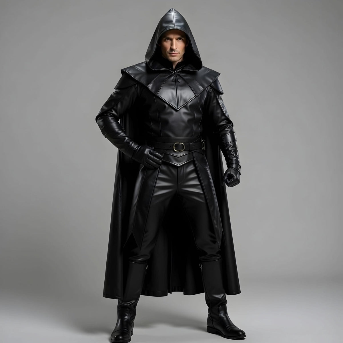 Men's Maroon Hooded Leather Cape Cosplay Superhero Costume for Adult Halloween Party Outfit Cloak
