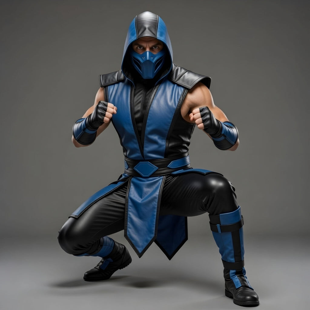 Handmade Sub Zero Mortal Kombat Men's Blue Black Leather Cosplay Hooded Ninja Costume Outfit
