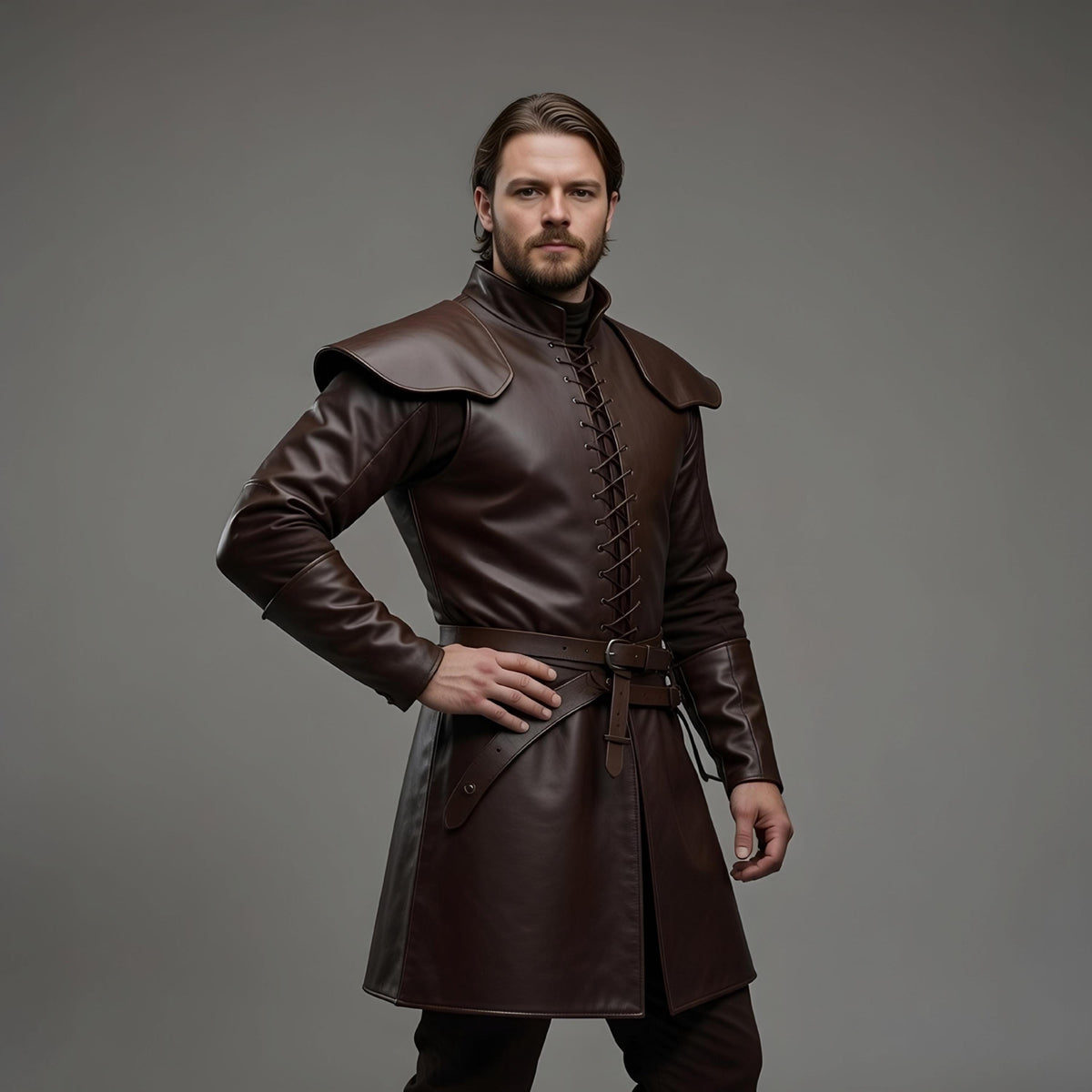Handmade Men's Brown Leather Fantasy Medieval Knight Tunic Coat Renaissance Cosplay Costume LARP Outfit