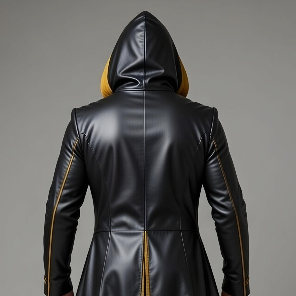 Handmade Gothic Black Gold Leather Hooded Cloak Mens Medieval Fantasy Cosplay Cape Costume