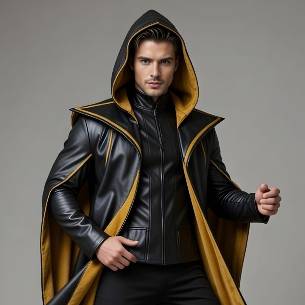 Handmade Gothic Black Gold Leather Hooded Cloak Mens Medieval Fantasy Cosplay Cape Costume