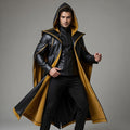 Handmade Gothic Black Gold Leather Hooded Cloak Mens Medieval Fantasy Cosplay Cape Costume