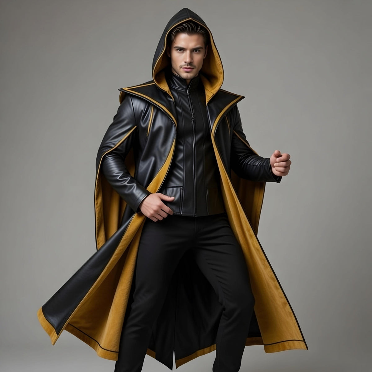 Handmade Gothic Black Gold Leather Hooded Cloak Mens Medieval Fantasy Cosplay Cape Costume