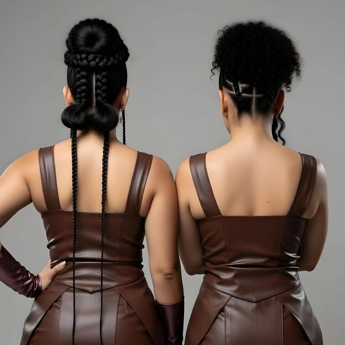 Handmade Brown Leather Mini Dress Set Women Matching Outfits Twin Sister Look Party Wear