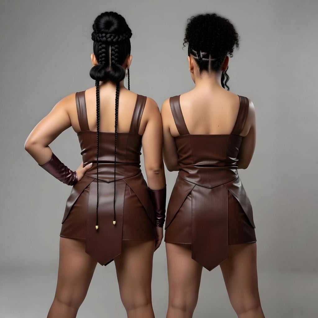 Handmade Brown Leather Mini Dress Set Women Matching Outfits Twin Sister Look Party Wear