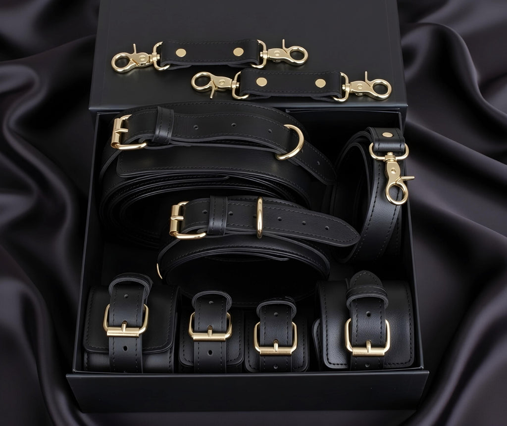 Luxury Leather Restraint Set Kit Cuffs Collar Waist Belt Couples Gift