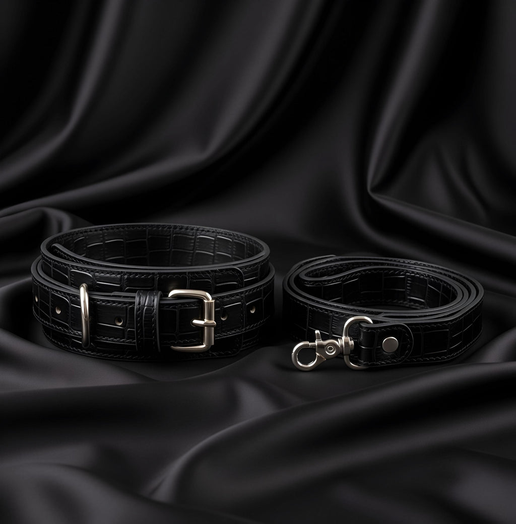 Luxury Black Crocodile Leather Restraint Set 2in1-5in1 Adjustable Cuffs Collar
