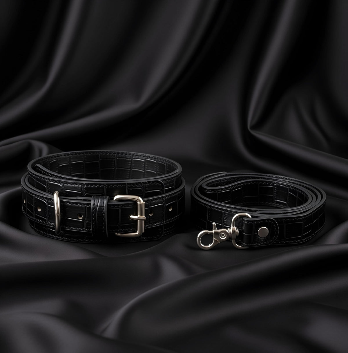 Luxury Black Crocodile Leather Restraint Set 2in1-5in1 Adjustable Cuffs Collar