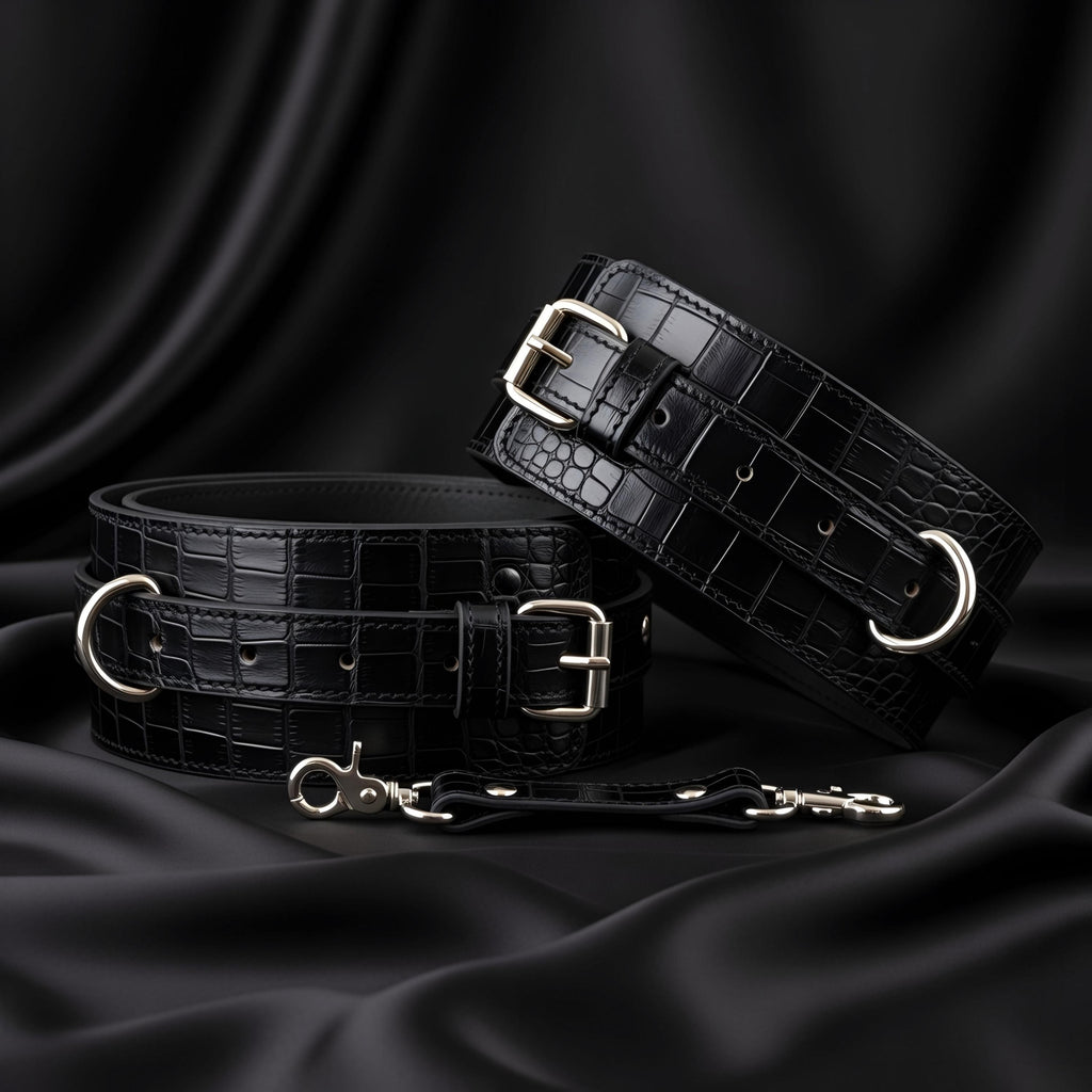 Luxury Black Crocodile Leather Restraint Set 2in1-5in1 Adjustable Cuffs Collar