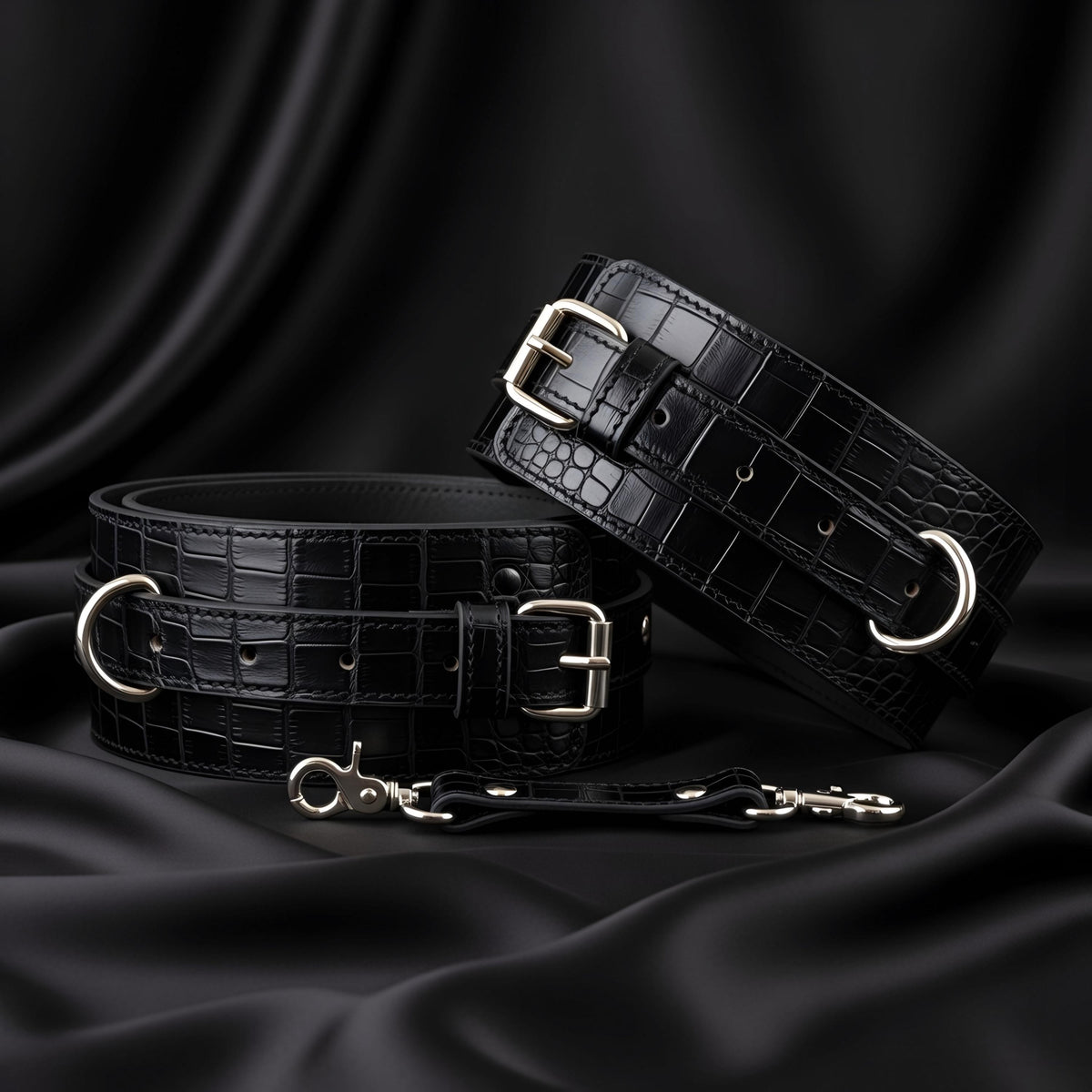 Luxury Black Crocodile Leather Restraint Set 2in1-5in1 Adjustable Cuffs Collar