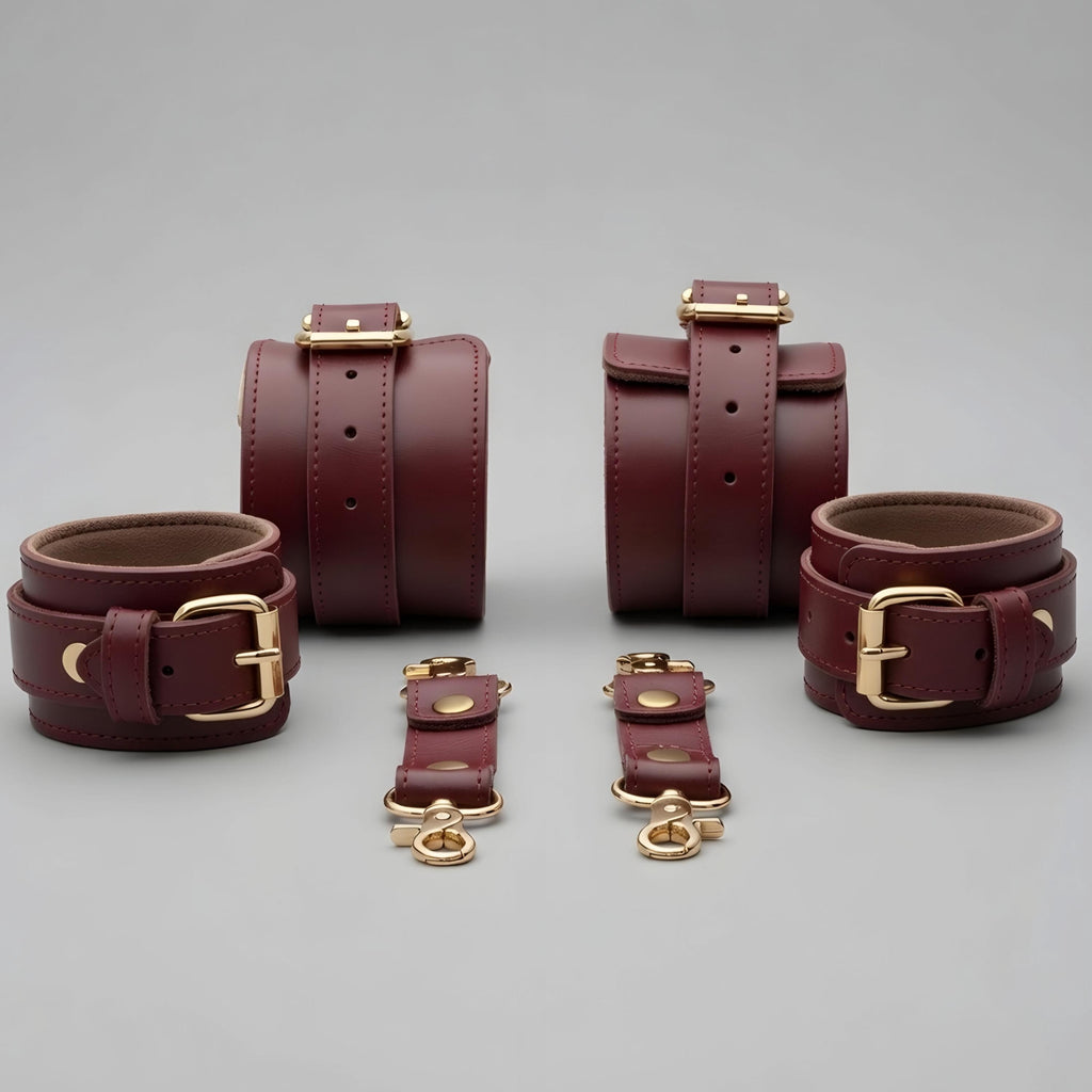 Burgundy Leather Cuffs Set Wrist Ankle Restraints Adjustable