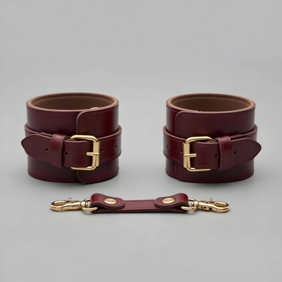 Burgundy Leather Cuffs Set Wrist Ankle Restraints Adjustable