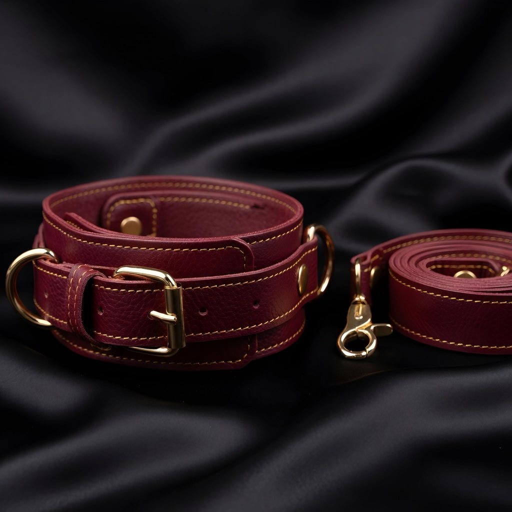 Burgundy Leather Set Restraints Wrist Ankle Thigh Cuffs Collar Anniversary Gift