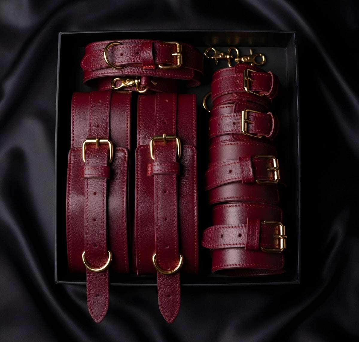Burgundy Leather Set Restraints Wrist Ankle Thigh Cuffs Collar Anniversary Gift