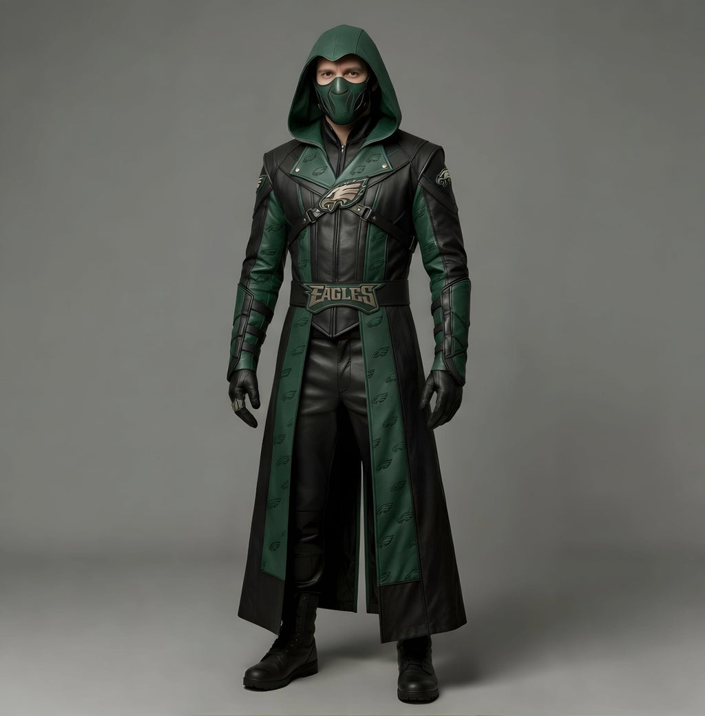 Green Arrow Superhero Leather Costume Hooded Jacket Cosplay Outfit for NFL Fans
