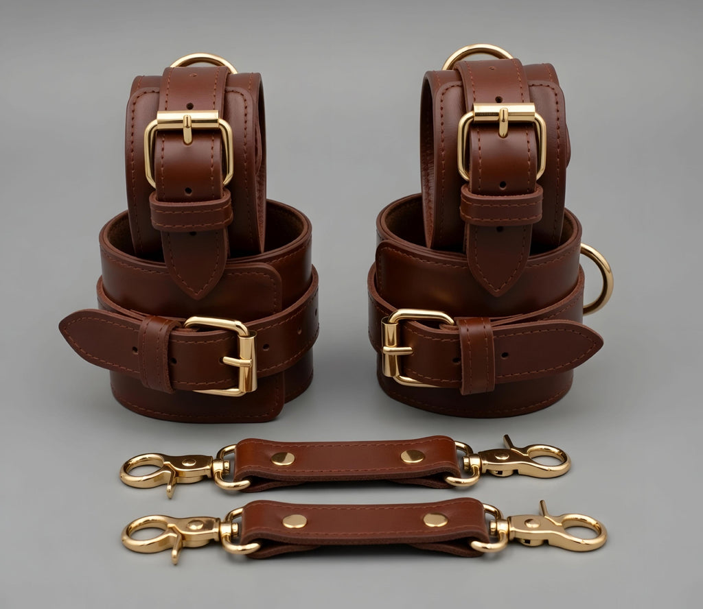 Orange Leather Cuffs Set Wrist Ankle Restraints Adjustable