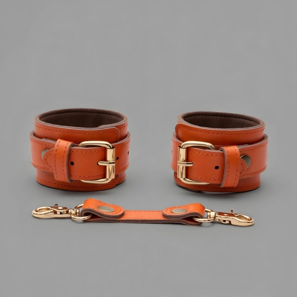 Orange Leather Cuffs Set Wrist Ankle Restraints Adjustable