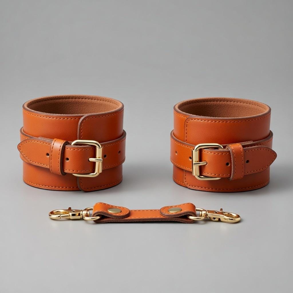 Orange Leather Cuffs Set Wrist Ankle Restraints Adjustable