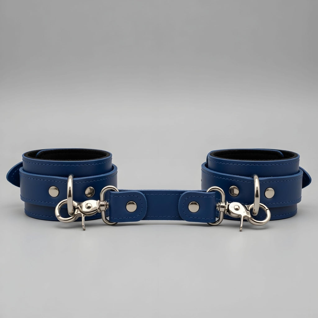 Royal Blue Leather Cuffs Set Wrist Ankle Thigh Restraints Adjustable