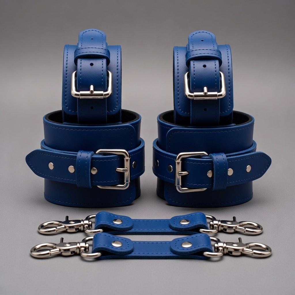 Royal Blue Leather Cuffs Set Wrist Ankle Thigh Restraints Adjustable