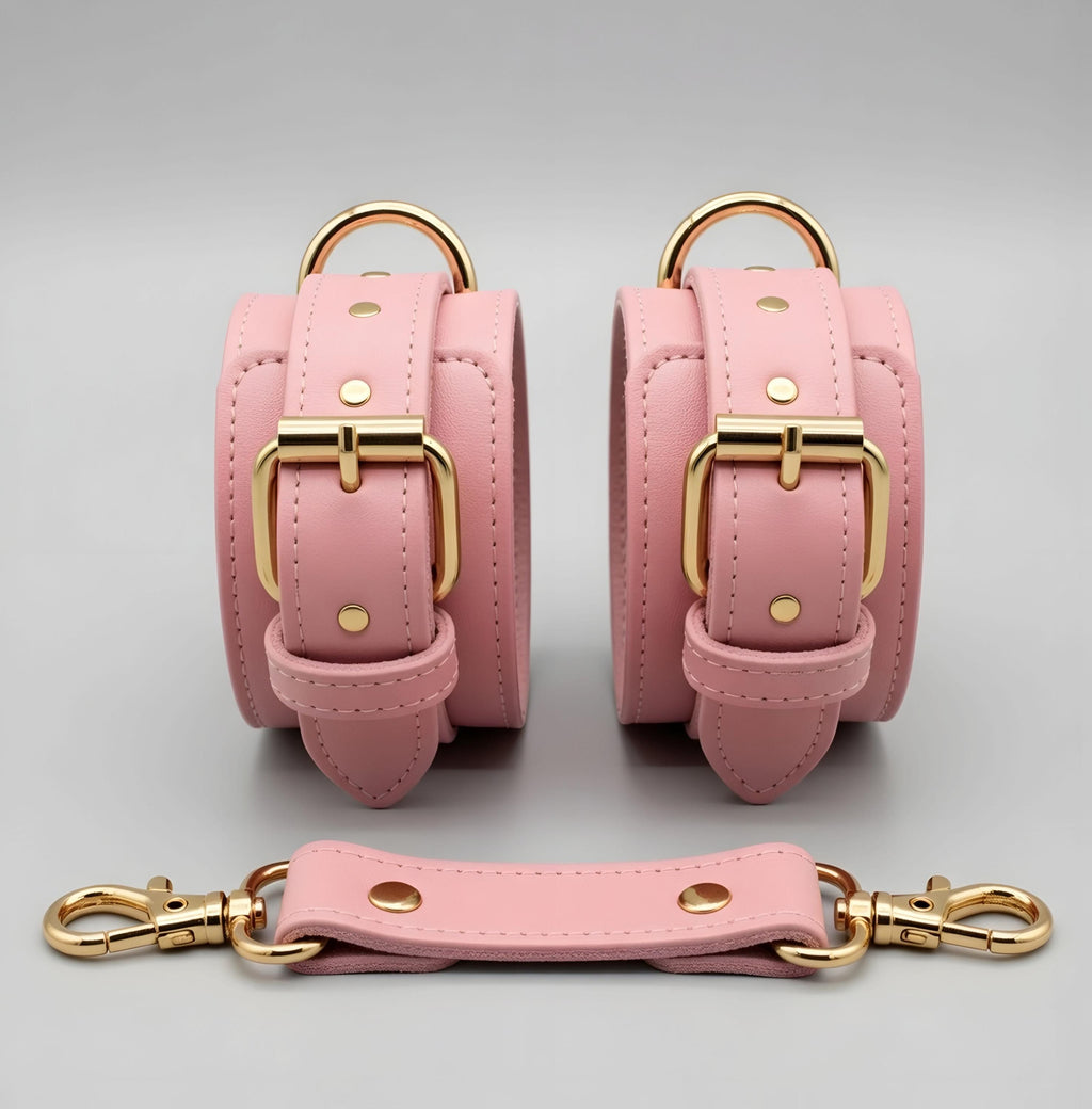 Pink Leather Cuffs Set Wrist Ankle Restraints Adjustable