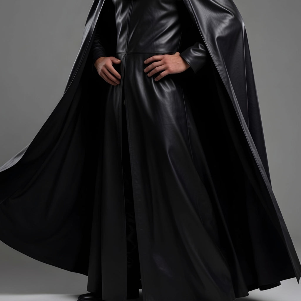 Dark Fantasy Black Leather Hooded Long Cloak Cape Men Gothic Costume