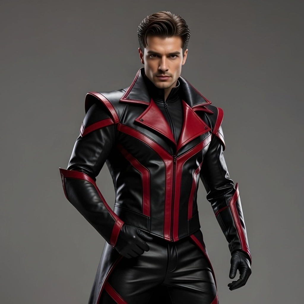 Futuristic Villain Cosplay Costume Black Red Leather Trench Coat Pants Men's Outfit