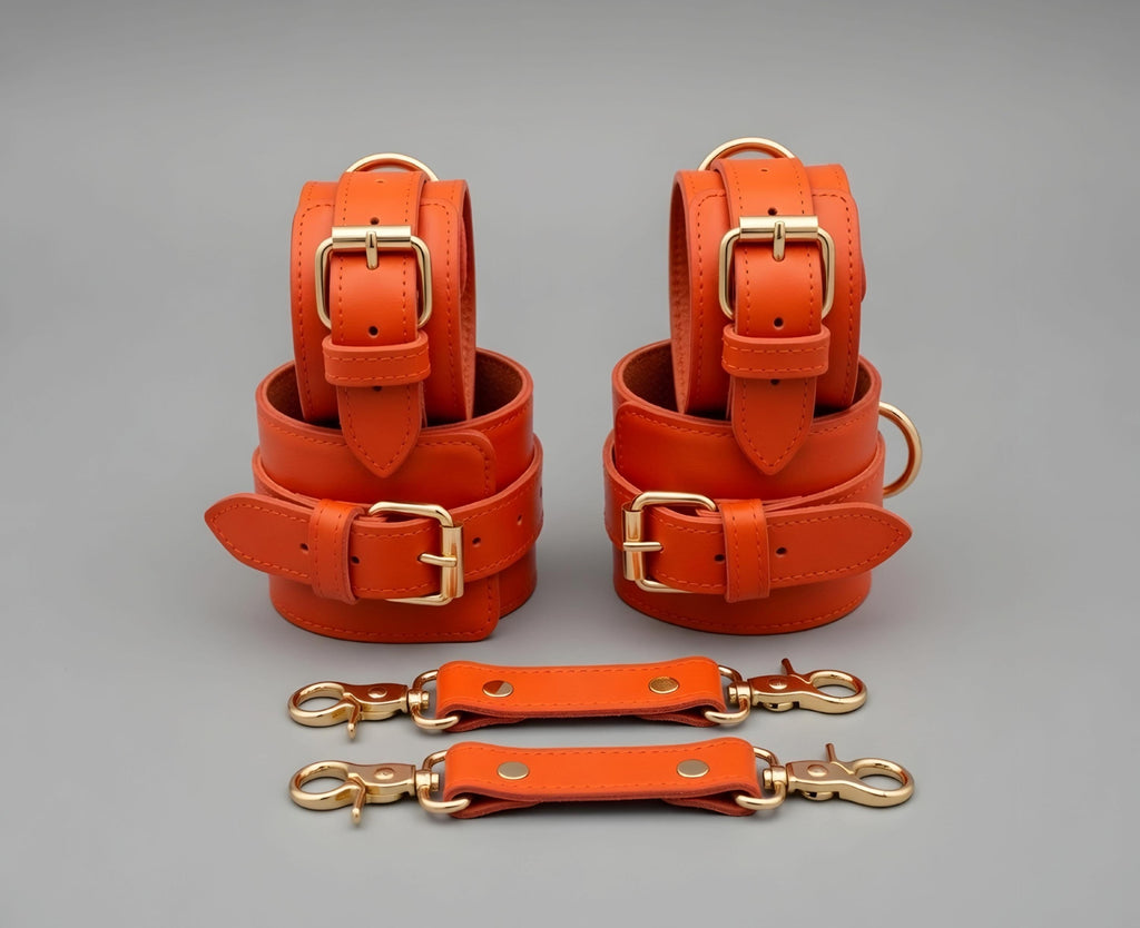 Luxury Red Leather Restraint Set Wrist Ankle Thigh Cuffs Collar Leash