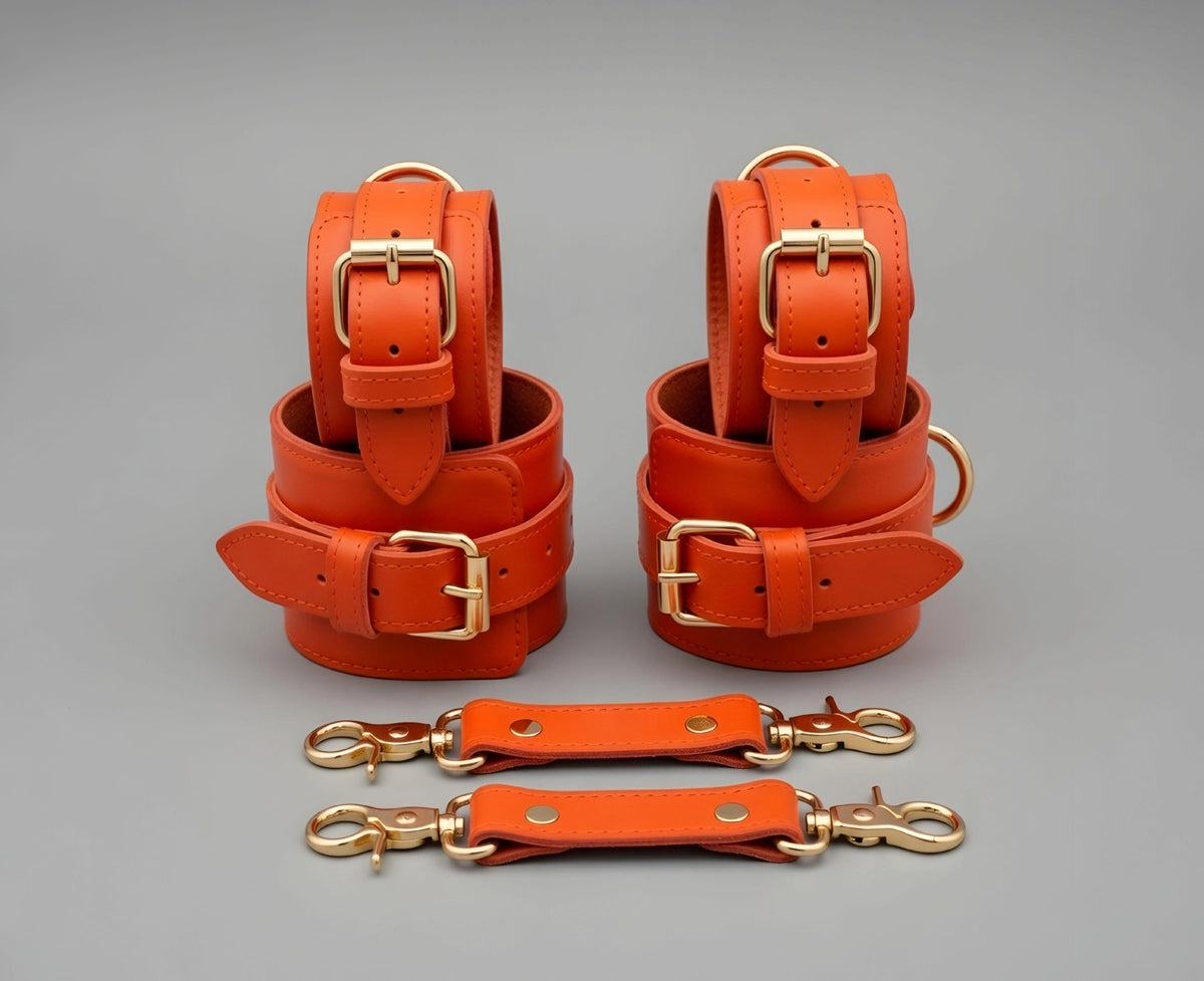 Luxury Red Leather Restraint Set Wrist Ankle Thigh Cuffs Collar Leash