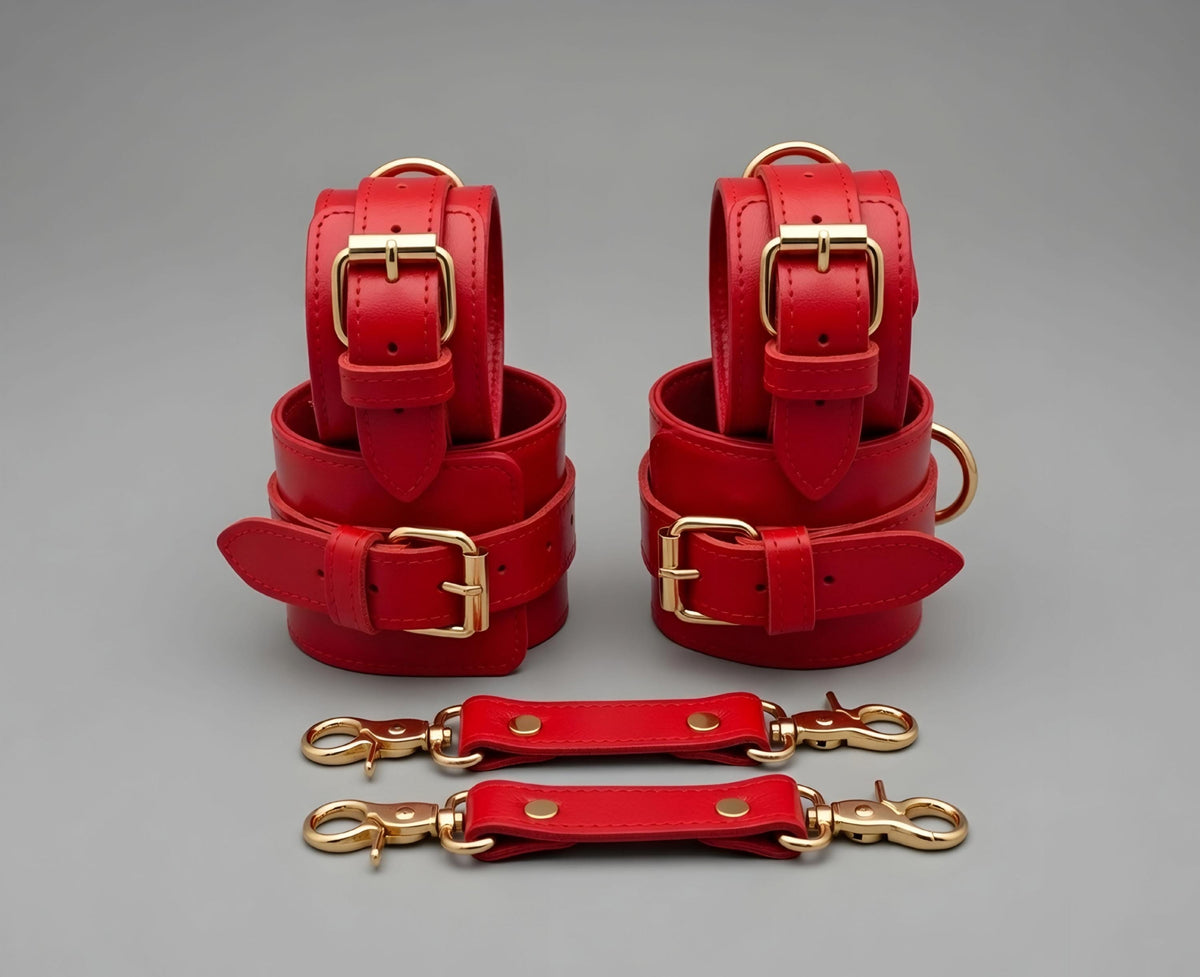 Luxury Red Leather Restraint Set Wrist Ankle Thigh Cuffs Collar Leash