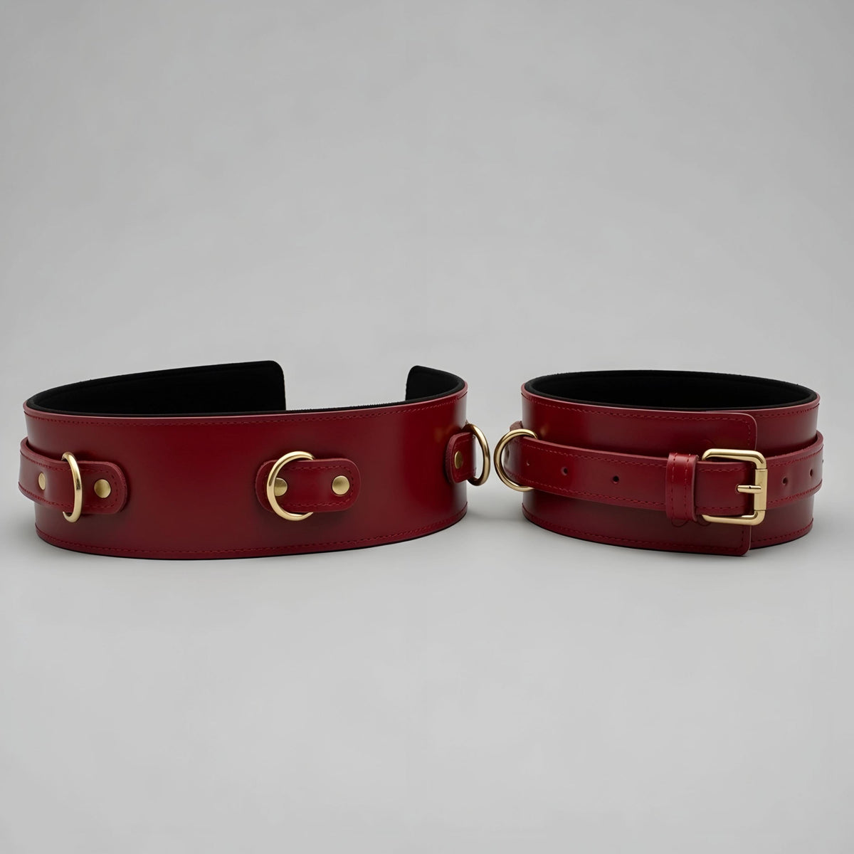 Burgendy Leather Set Cuffs Collar Leash Restraints Kit Gold