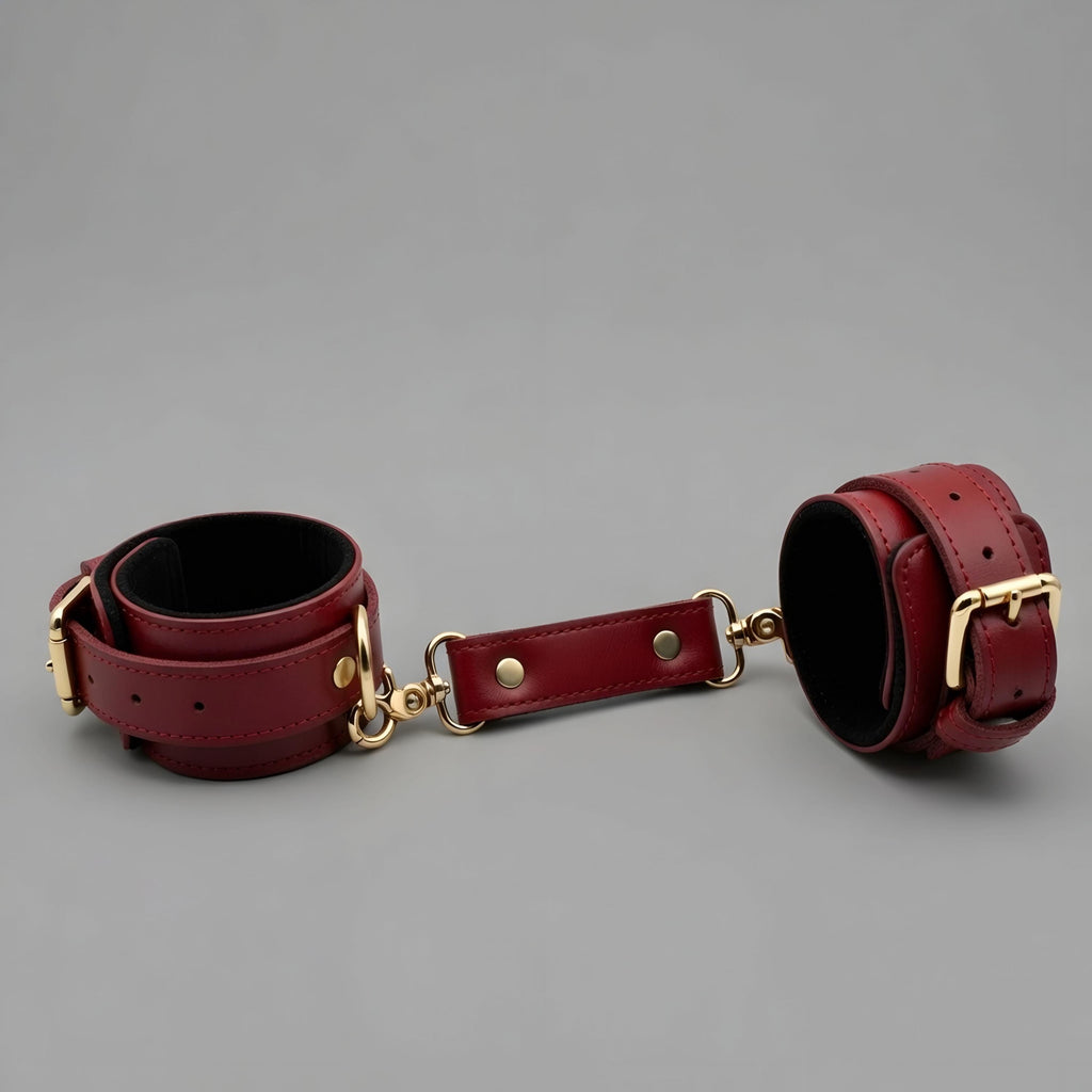 Burgendy Leather Set Cuffs Collar Leash Restraints Kit Gold