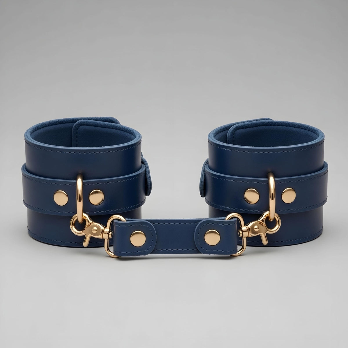 Handcrafted Blue Leather Set Wrist Ankle Cuffs Collar Leash Waist Belt Gold
