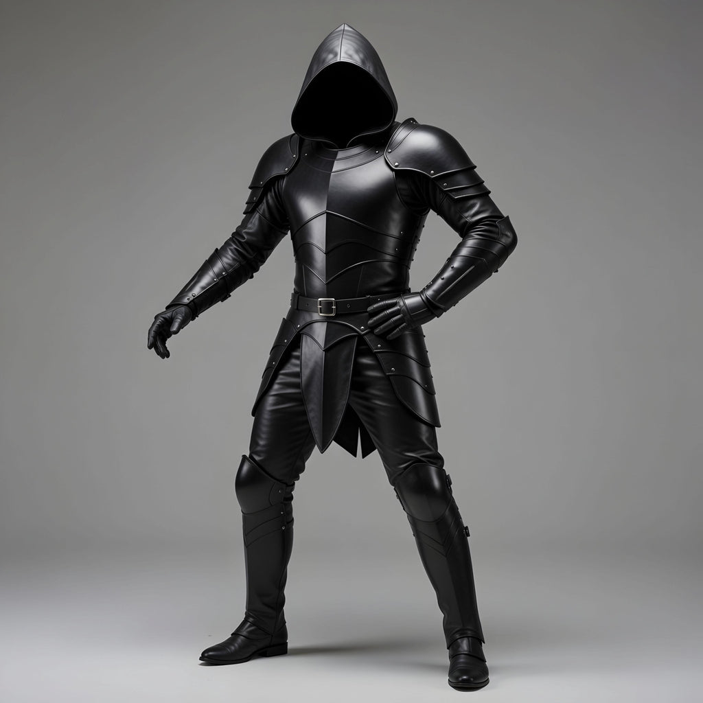 Gothic Black Leather Knight Armor Hooded Full Suit Fantasy LARP Cosplay