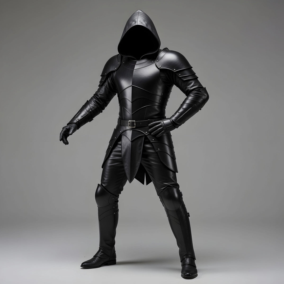 Gothic Black Leather Knight Armor Hooded Full Suit Fantasy LARP Cosplay