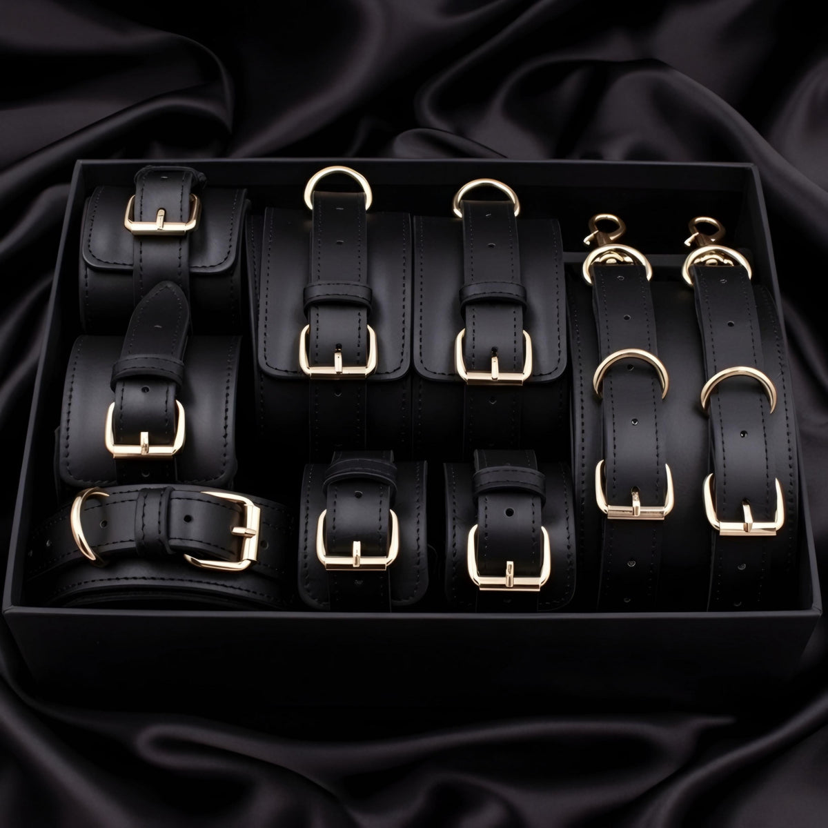 Luxury Burgundy Restraint Set Cuffs Collar Leash Belt Couples Gift Gold