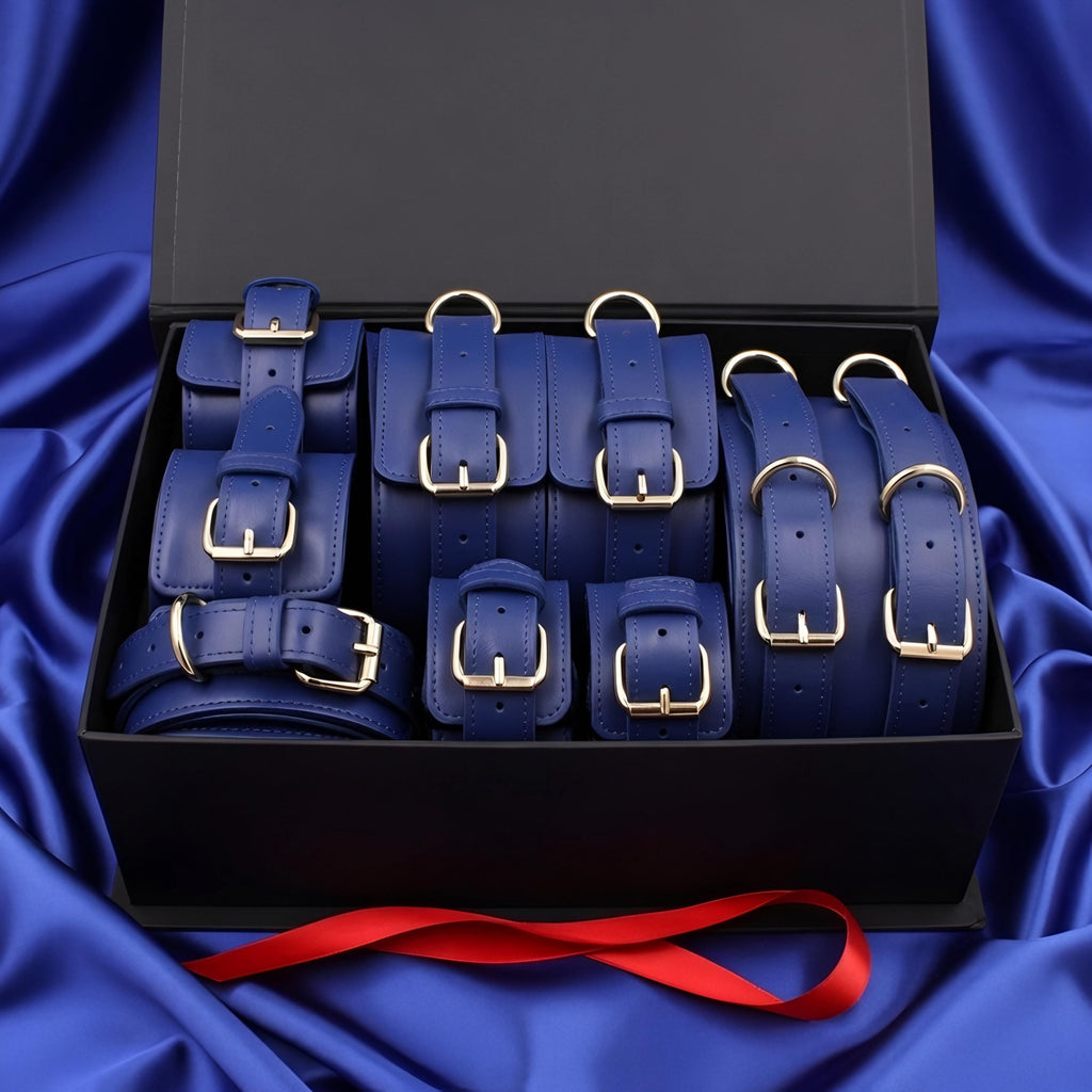 Luxury Burgundy Restraint Set Cuffs Collar Leash Belt Couples Gift Gold