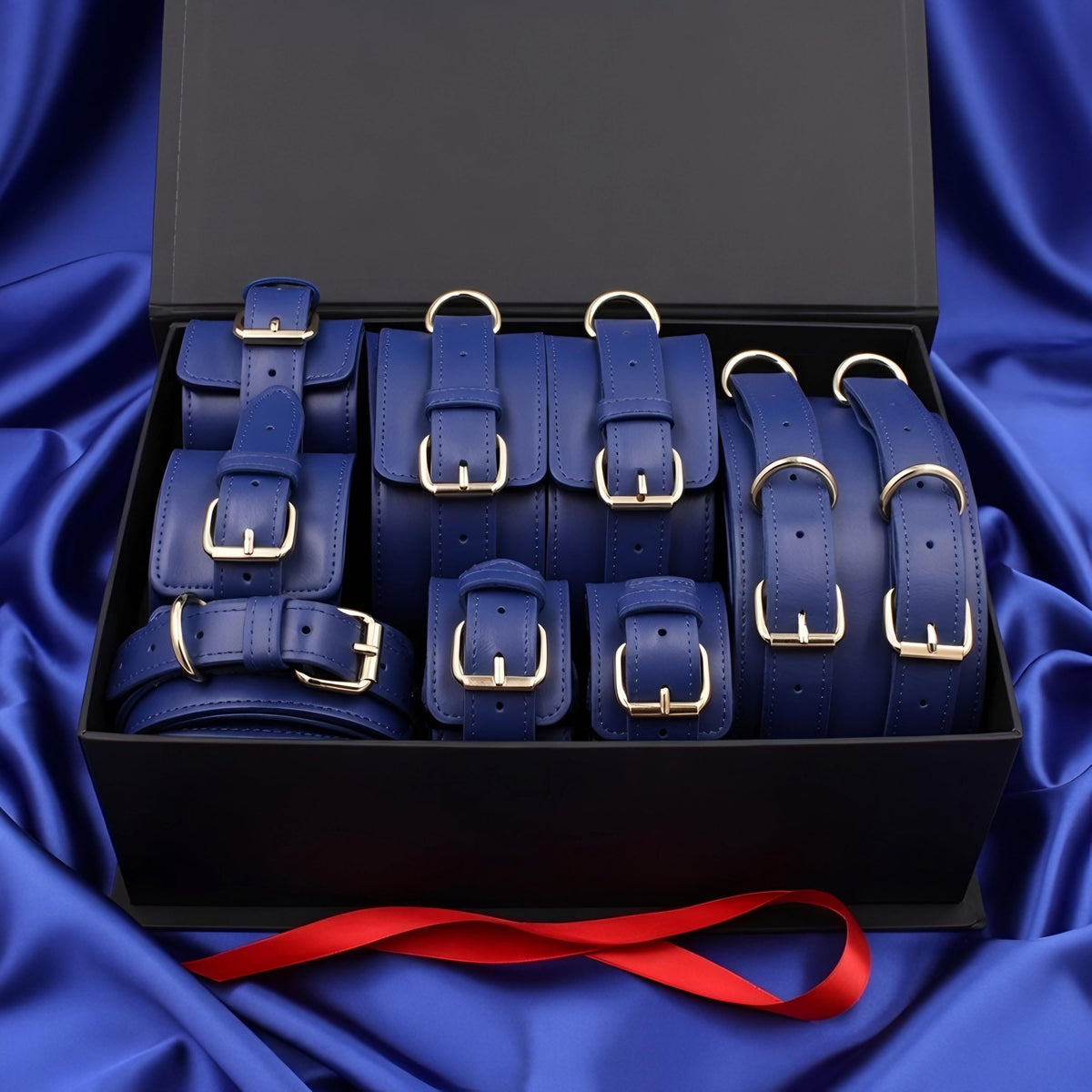 Luxury Burgundy Restraint Set Cuffs Collar Leash Belt Couples Gift Gold