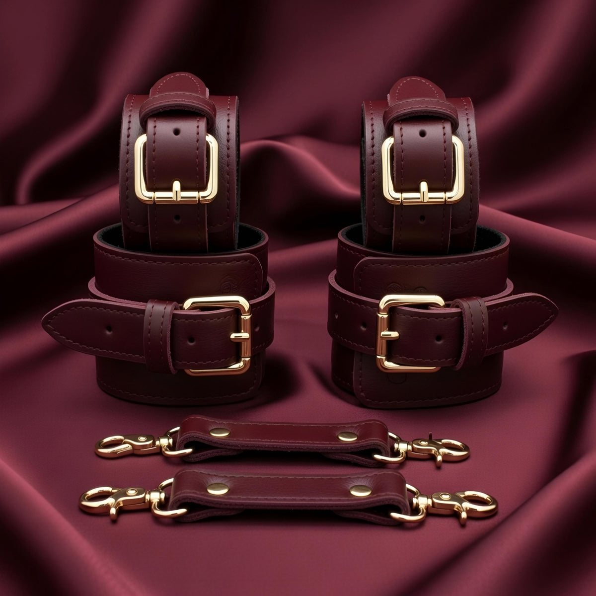 Luxury Burgundy Restraint Set Cuffs Collar Leash Belt Couples Gift Gold
