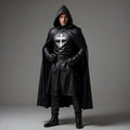 Hooded Leather Cloak with White Cross, Dark Clergy Robe Cosplay Cape