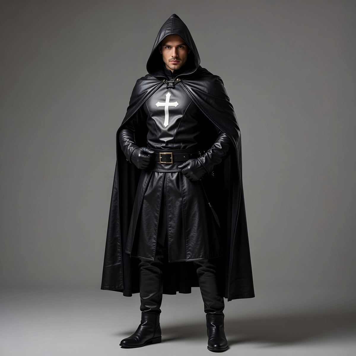 Hooded Leather Cloak with White Cross, Dark Clergy Robe Cosplay Cape