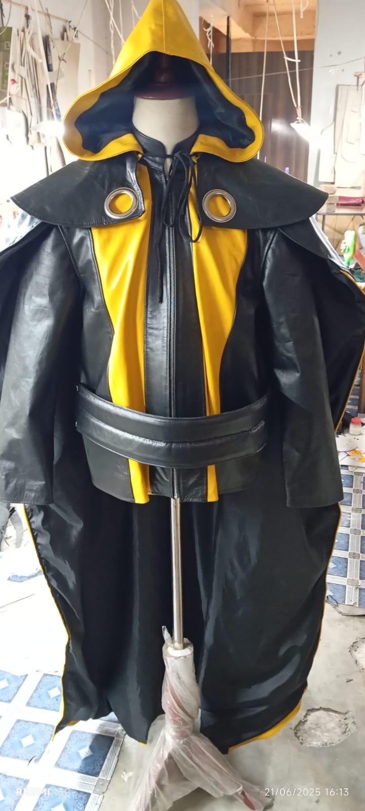 Black Yellow Leather Hooded Cloak Cosplay Superhero Medieval Gothic Outfit