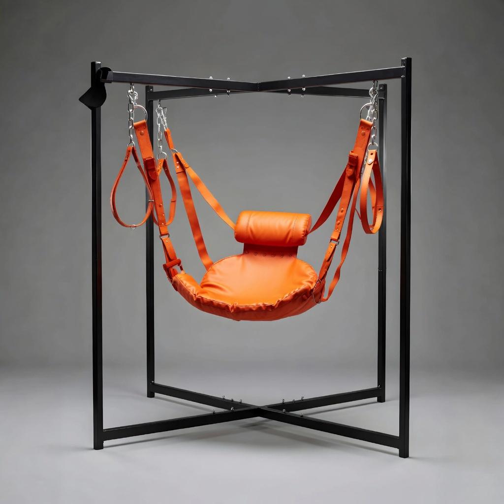 Handmade Leather Suspension Swing with Stand Black Sling for Couples Play Furniture