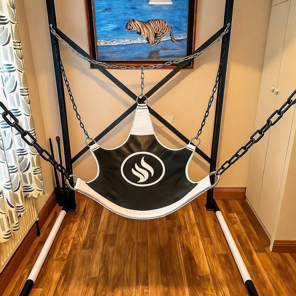 Suspension Swing with Heavy Duty Metal Stand Black and Red Leather