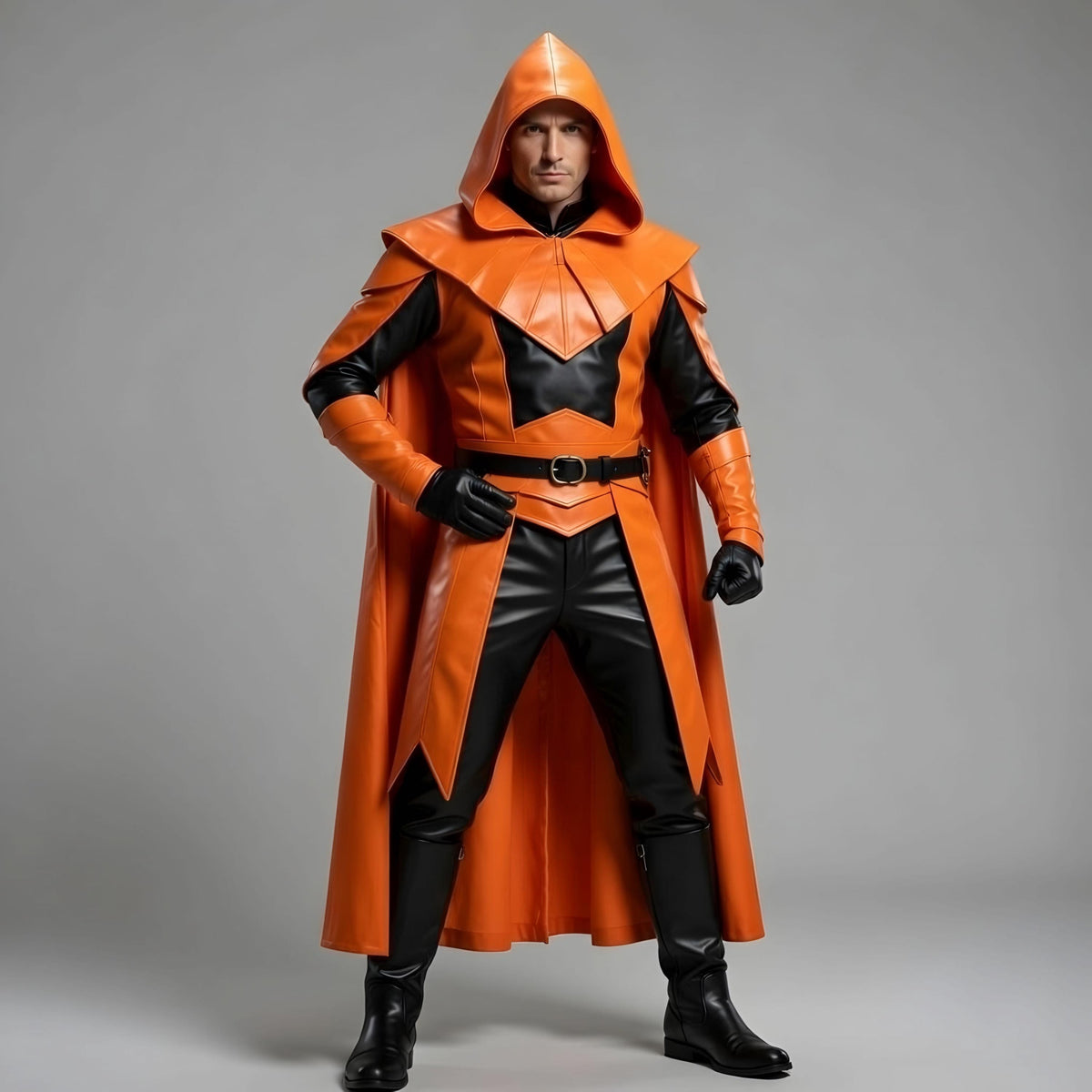 Men's Maroon Hooded Leather Cape Cosplay Superhero Costume for Adult Halloween Party Outfit Cloak