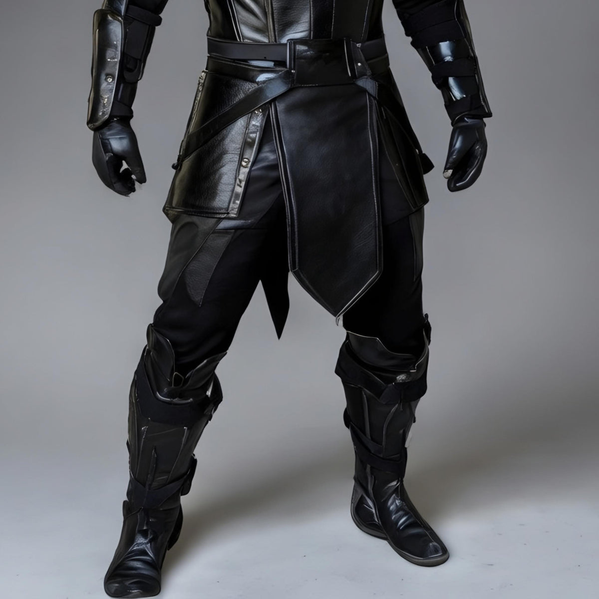 Black Assassin Ninja Hooded Leather Armor Costume Cosplay Full Set with Katanas