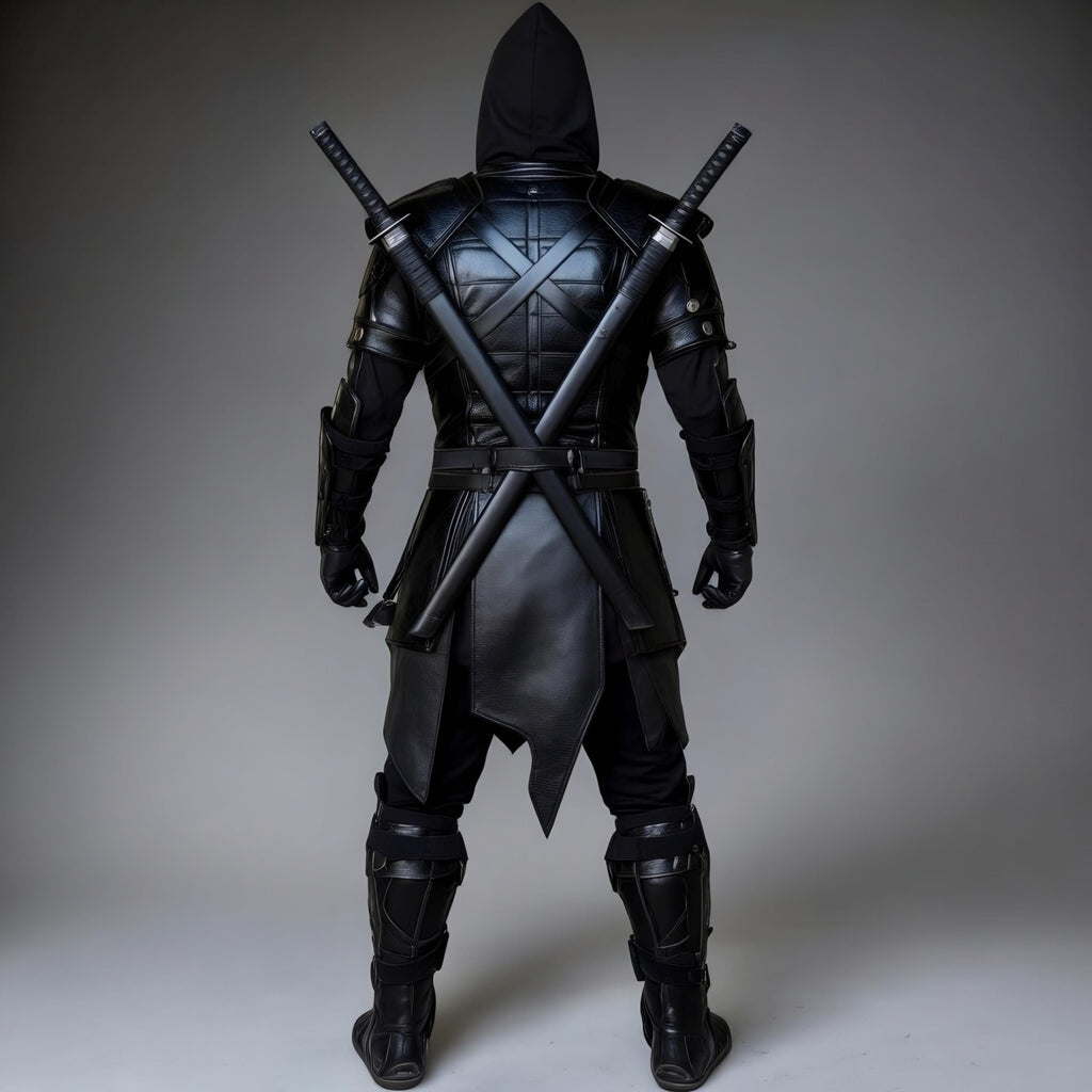 Black Assassin Ninja Hooded Leather Armor Costume Cosplay Full Set with Katanas